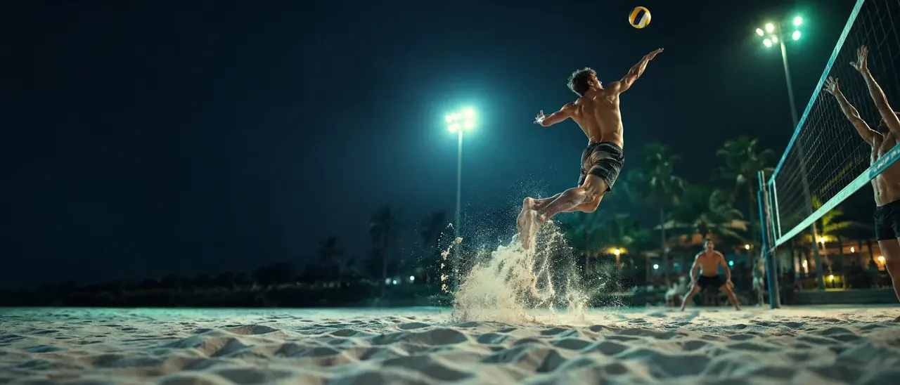 Jogador de vôlei de praia em ação numa quadra iluminada à noite